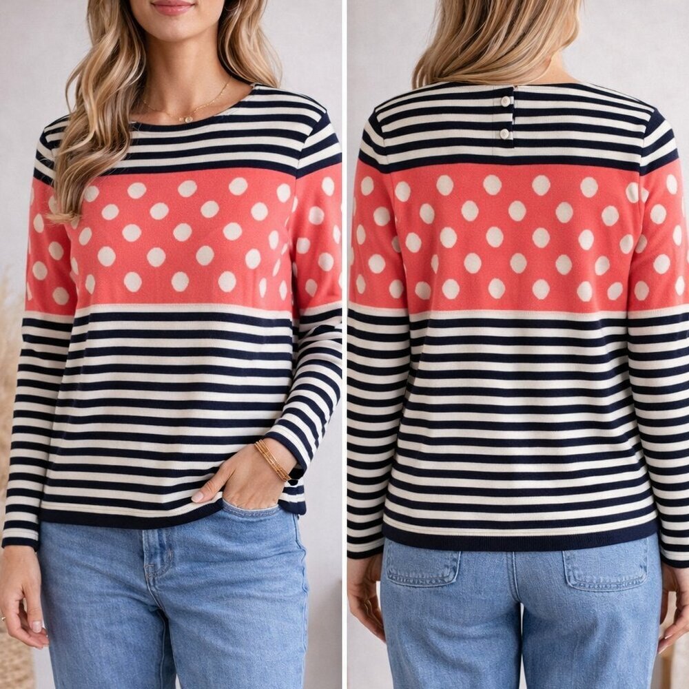 Portrait of a Flower Polka Dot Striped Orange Blue sweater medium